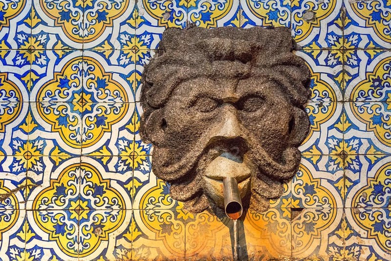 Fountain in the Sandemann cellar with historical tiles, gargoyles, azulejos, wine cellar of the Sandemann winery in Gaia, Porto, Vila Nova de Gaia, Porto district, Portugal, Europe, aerial view, birds-eyes view, Travel, Travel photography