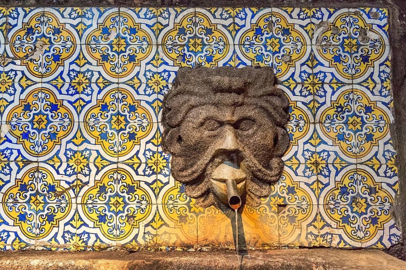 Fountain in the Sandemann cellar with historical tiles, gargoyles, azulejos, wine cellar of the Sandemann winery in Gaia, Porto, Vila Nova de Gaia, Porto district, Portugal, Europe, aerial view, birds-eyes view, Travel, Travel photography