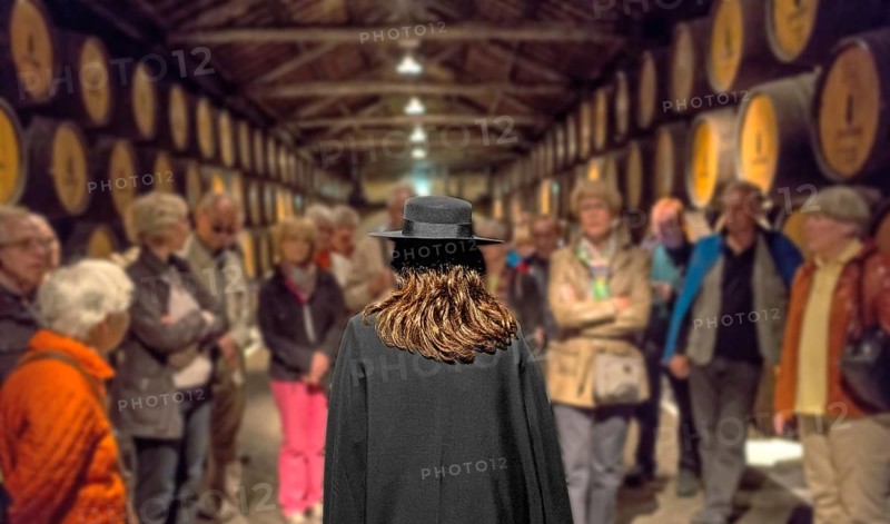 Group of visitors with traditional travel guide, port wine barrels, wine cellar of the Sandemann winery in Gaia, Porto, Vila Nova de Gaia, Porto district, Portugal, Europe, aerial view, birds-eyes view, Travel, travel photography