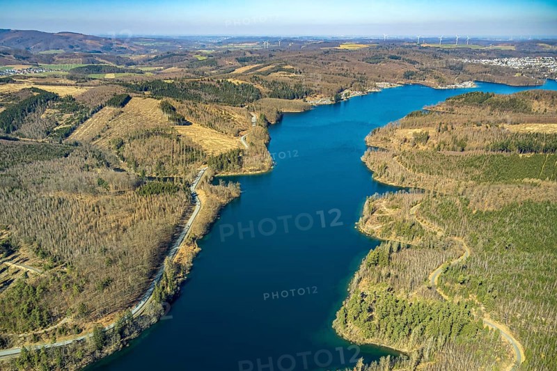 Aerial view, Sorpesee, forest area with forest damage, Amecke, Sundern, Sauerland, North Rhine-Westphalia, Germany, DE, Europe, aerial view, aerial photography, aerial photography, recreation area, lake, Sorpetalsperre, overview, bird's eye view, birds-eyes view, overview