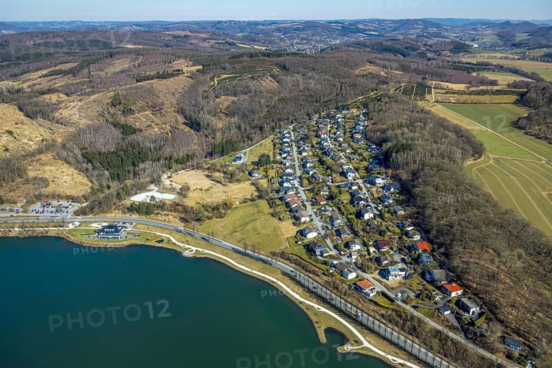 Aerial view, home harbour restaurant Grote Goldbäckerei, construction site former outdoor swimming pool on Seestraße, residential area Kamberg, forest area with forest damage, Amecke, Sundern, Sauerland, North Rhine-Westphalia, Germany, construction work, construction area, building site, building plots, construction project, construction project, construction site, DE, Europe, gastronomy, property tax, real estate, aerial view, aerial photography, aerial photography, swimming pool, overview, bird's-eye view, living and life, residential area, residential quality, residential neighbourhood, housing estate, residential area, birds-eyes view, overview