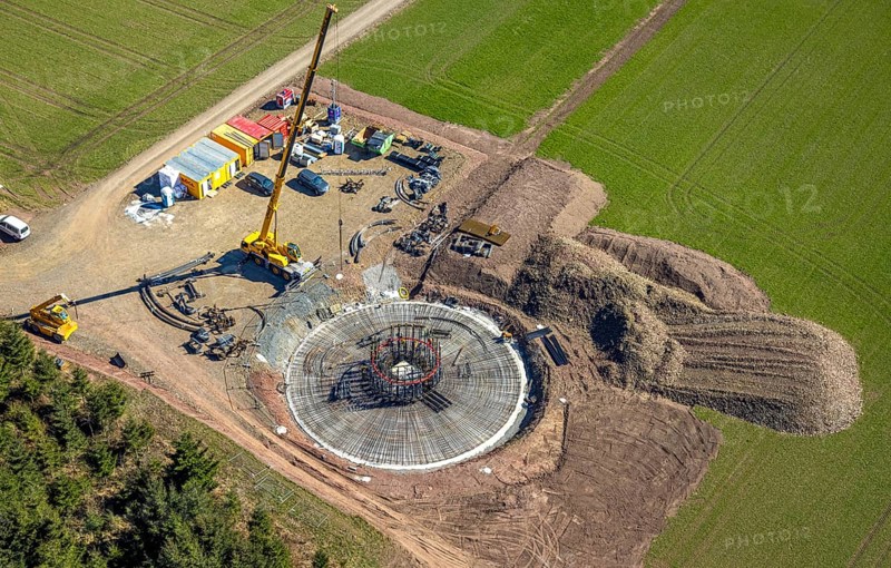 Aerial view, construction site with construction crane for wind turbine wind power plant at Eichenberg, meadows and fields, Amecke, Sundern, Sauerland, North Rhine-Westphalia, Germany, construction work, construction area, building site, building plots, construction project, construction site, DE, Europe, aerial view, aerial photography, aerial photography, new construction, overview, bird's-eye view, bird's-eye view, overview