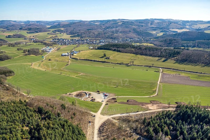 Aerial view, construction site for wind turbine wind power plant at Eichenberg, meadows and fields, Amecke, Sundern, Sauerland, North Rhine-Westphalia, Germany, construction work, construction area, building site, building plots, construction project, construction site, DE, Europe, aerial view, aerial photography, aerial photography, new construction, overview, bird's-eye view, overview