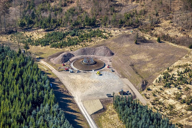 Aerial photo, construction site for wind turbine, forest damage at Eichenberg, Amecke, Sundern, Sauerland, North Rhine-Westphalia, Germany, alternative energy, construction work, construction area, building site, building plots, construction measure, tree death, construction project, construction site, bark beetle damage, bark beetle plague, DE, Europe, spruce dieback, clear-cutting, calamity areas, aerial photography, aerial photography, aerial photography, new construction, overview, bird's-eye view, WTG, forest, forest damage, forest dieback, wind energy, wind power, wind turbine, wind wheel, wind turbines, birds-eyes view, overview