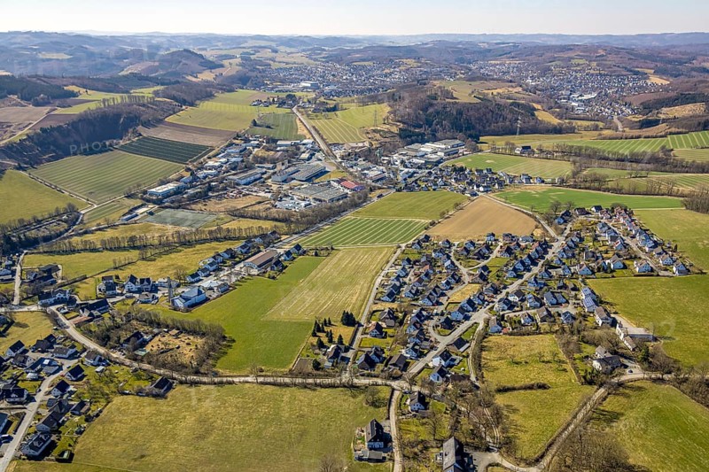 Aerial view, residential area and commercial area local view Westenfeld, Sundern, Sauerland, North Rhine-Westphalia, Germany, DE, Europe, property tax, real estate, aerial view, aerial photography, aerial photography, overview, bird's-eye view, living and life, residential area, residential quality, residential neighbourhood, housing estate, residential district, birds-eyes view, overview
