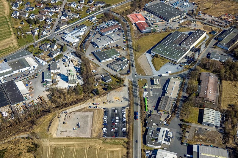 Aerial view, industrial estate Hanns-Martin-Schleyer-Straße, Blome-Tillmann GmbH, Selschede, Westenfeld, Sundern, Sauerland, North Rhine-Westphalia, Germany, DE, Europe, commercial enterprises, commercial area, commercial area, commercial property, commercial site, commercial use, industrial site, aerial photograph, aerial photography, aerial photography, overview, bird's-eye view, bird's-eye view, overview