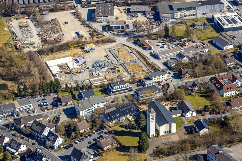 Aerial view, construction site at Ewiger Weg, Christkönigkirche Sundern, residential area Westenfeld, Sundern, Sauerland, North Rhine-Westphalia, Germany, place of worship, education, educational institution, DE, Europe, place of worship, property tax, holy place, real estate, church, parish, educational institute, aerial photograph, aerial photography, aerial photography, religion, school, overview, bird's-eye view, living and life, residential area, residential quality, residential neighbourhood, housing estate, residential area, bird's-eye view, overview