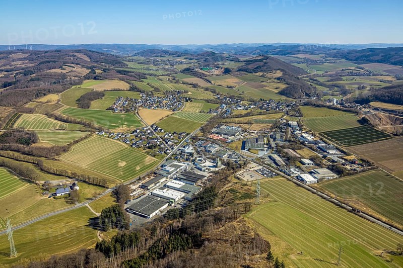 Aerial view, commercial area Am Gelben Berg, hilly landscape with wooded area, residential area local view district Westenfeld, behind district Bainghausen, Sundern, Sauerland, North Rhine-Westphalia, Germany, DE, Europe, commercial enterprises, commercial area, commercial property, commercial location, commercial use, property tax, real estate, industrial location, aerial view, aerial photography, aerial photography, overview, bird's-eye view, housing and living, residential area, residential quality, residential neighbourhood, housing estate, residential district, birds-eyes view, overview