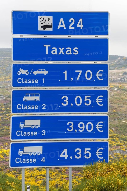 Tolls on the Portuguese motorways, road sign, MondrÃµes, Vila Real district, Portugal, Europe, Mondräes, aerial view, birds-eyes view, Travel, travel photography