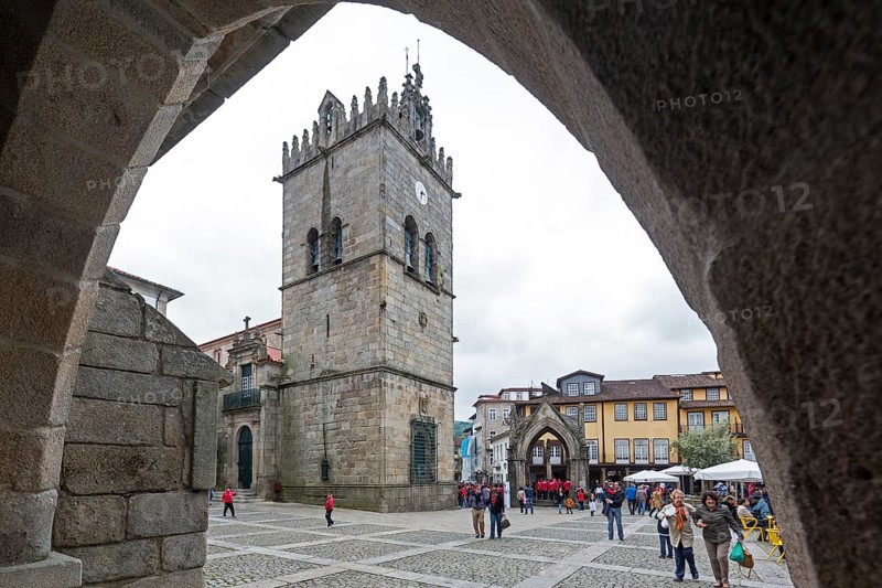 Largo da Oliveira, centre of old Guimaraes, view of the city church, Guimaraes, Braga district, Portugal, Europe, aerial view, birds-eyes view, Travel, travel photography