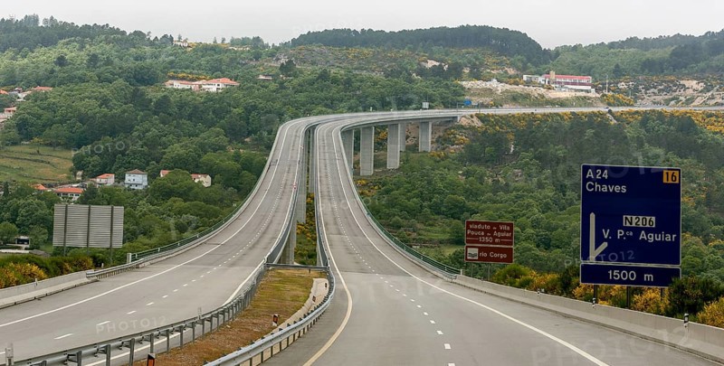 Motorway A24, motorway bridge, MondrÃµes, Vila Real district, Portugal, Europe, Mondräes, aerial view, birds-eyes view, Travel, travel photography