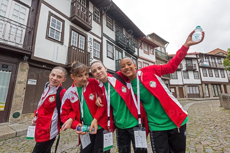 Young sportswomen in the historic centre of Guimaraes, Guimaraes, Braga district, Portugal, Europe, aerial view, birds-eyes view, Travel, Travel photography