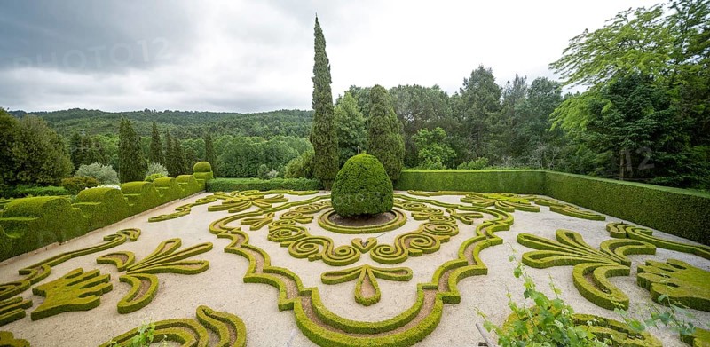 Baroque garden, palace gardens, Casa de Mateus, palace with large gardens, Arroios, Vila Real district, Portugal, Europe, aerial view, birds-eyes view, Travel, travel photography