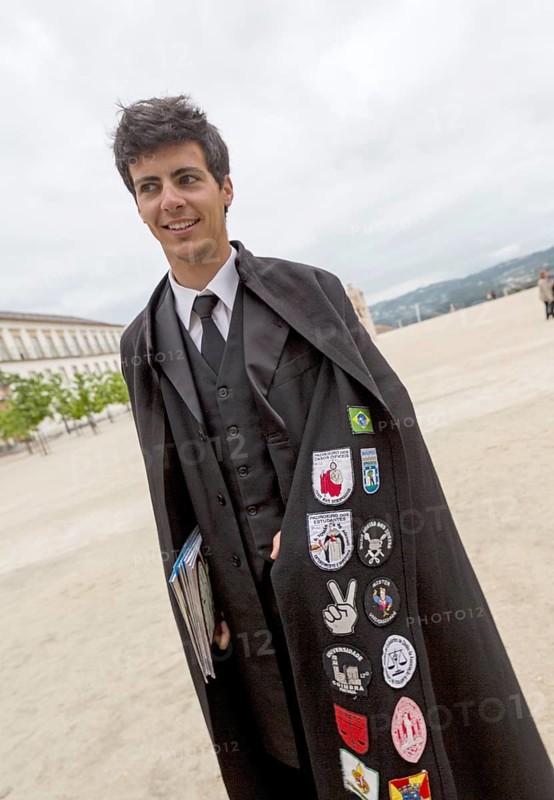 Stickers with different meanings on the capes of the students of Coimbra, University of Coimbra, Coimbra, district of Coimbra, Portugal, Europe, aerial view, birds-eyes view, travel, travel photography