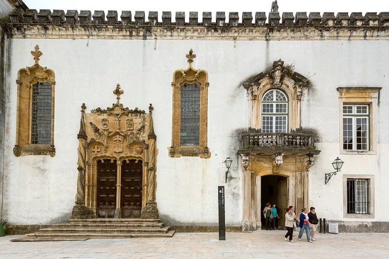 Manueline Portal of the Capela de Sao Miguel, University of Coimbra, Coimbra, District of Coimbra, Portugal, Europe, aerial view, birds-eyes view, Travel, Travel Photography