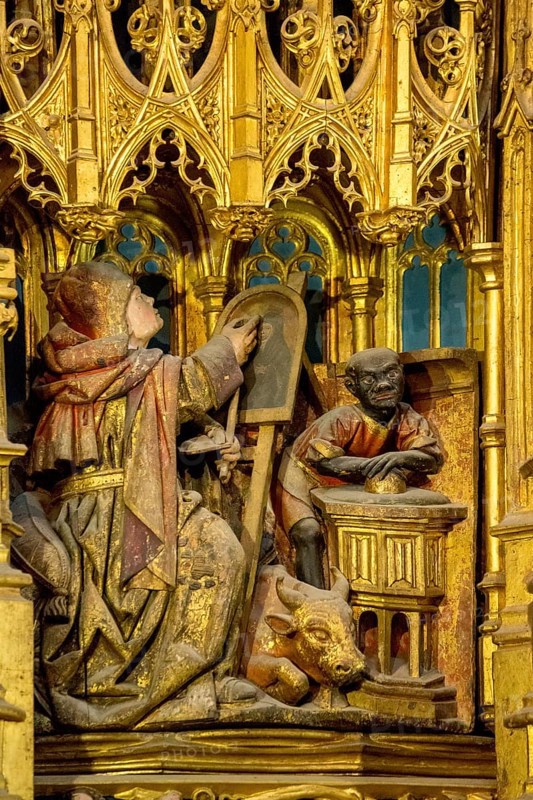 Altar, Depiction of a black-skinned man in the altarpiece, Old Cathedral (Sé Velha) in the historic centre of Coimbra, Coimbra, Coimbra district, Portugal, Europe, Aerial view, birds-eyes view, Travel, Travel photography