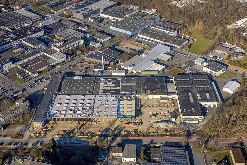 Aerial view, commercial area Lange Wende with Delta Energy Systems (Deutschland) GmbH, Soest, Soester Börde, North Rhine-Westphalia, Germany, DE, Europe, commercial enterprises, commercial area, commercial area, commercial property, commercial site, commercial use, industrial area, industrial site, aerial view, aerial photography, aerial photography, overview, bird's-eye view, overview