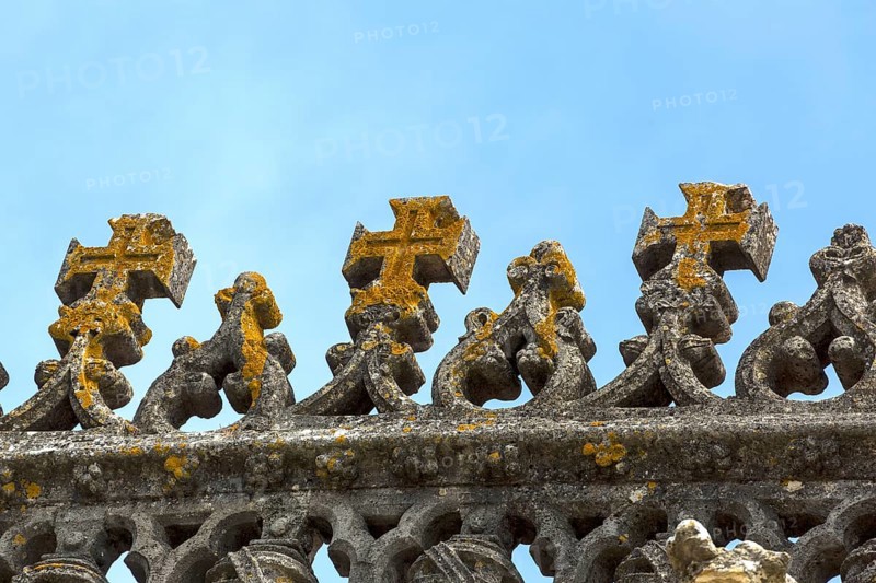 Maltese crosses on the fortress of Tomar, Castle of the Knights Templar, Templars, UNESCO cultural heritage, Tomar, Santarém district, Portugal, Europe, Convento da Ordem de Christo, Santarém district, aerial view, birds-eyes view, Travel, travel photography
