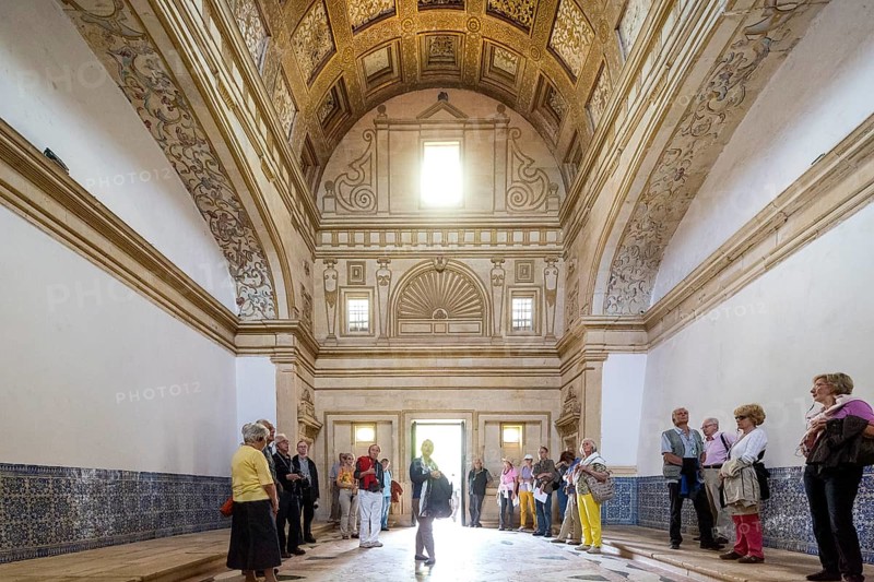 Hall with coffered ceiling and flag of historical Portugal, Fortress of Tomar, Castle of the Knights Templar, Templars, UNESCO cultural heritage, Tomar, Santarém district, Portugal, Europe, Convento da Ordem de Christo, Santarém district, aerial view, birds-eyes view, Travel, Travel photography