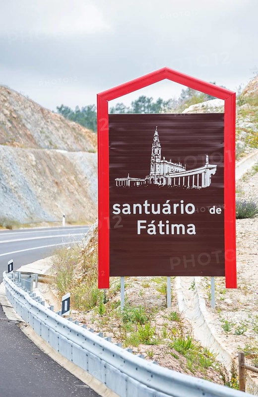 Town entrance sign of the pilgrimage town Fatima, Porto de Mós, Leiria district, Portugal, Europe, Porto de Mós, aerial view, birds-eyes view, Travel, Travel photography
