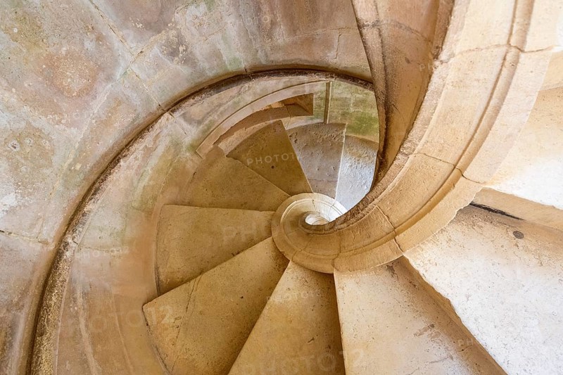 Spiral staircase, Corner staircase of the Great Cloister of Diogo do Torralva, Panorama, Fortress of Tomar, Castle of the Knights Templar, Templar, UNESCO cultural heritage, Tomar, District of Santarém, Portugal, Europe, Convento da Ordem de Christo, District of Santarém, Aerial view, birds-eyes view, Travel, Travel photography