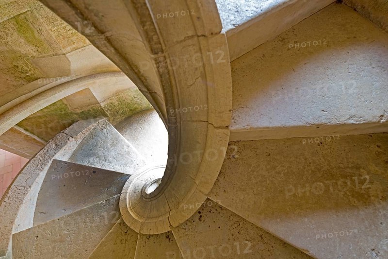 Spiral staircase, Corner staircase of the Great Cloister of Diogo do Torralva, Panorama, Fortress of Tomar, Castle of the Knights Templar, Templar, UNESCO cultural heritage, Tomar, District of Santarém, Portugal, Europe, Convento da Ordem de Christo, District of Santarém, Aerial view, birds-eyes view, Travel, Travel photography