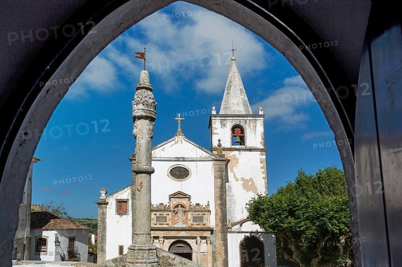 Church of Santa Maria, picturesque small town of Obidos, Ãbidos, Leiria district, Portugal, Europe, Óbidos, aerial view, birds-eyes view, Travel, travel photography