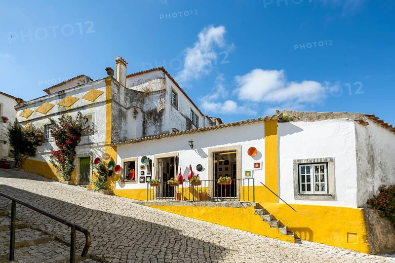 Within the castle walls lie Malrean alleys, picturesque small town of Obidos, Ãbidos, Leiria district, Portugal, Europe, Óbidos, aerial view, birds-eyes view, Travel, travel photography