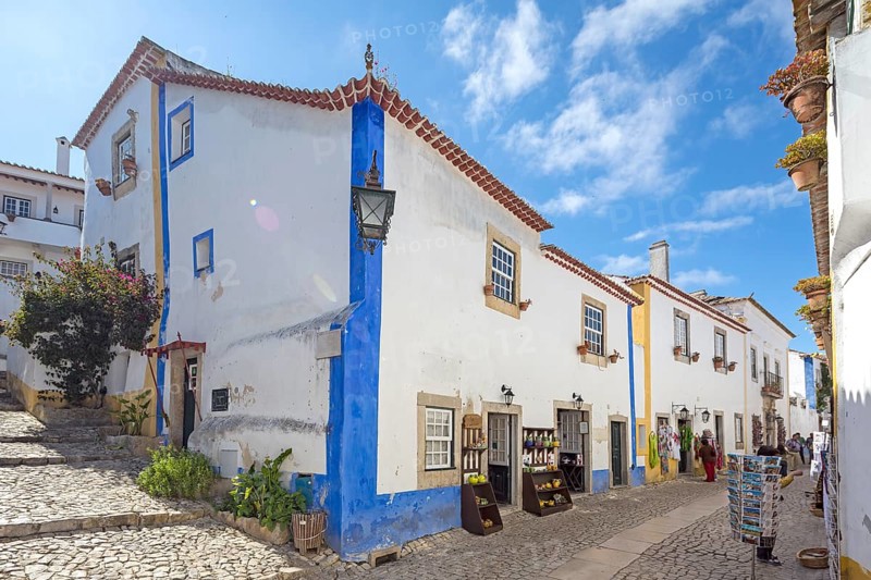 Within the castle walls lie Malrean alleys, picturesque small town of Obidos, Ãbidos, Leiria district, Portugal, Europe, Óbidos, aerial view, birds-eyes view, Travel, travel photography