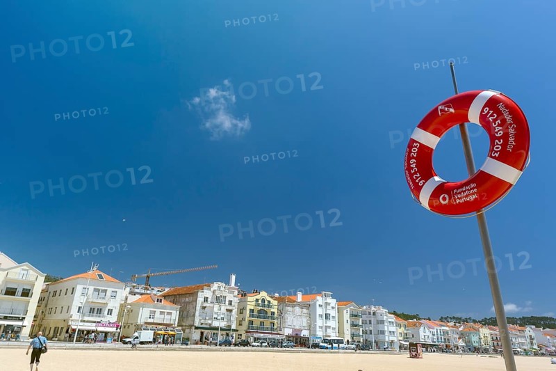 Lifebuoy on the Atlantic beach of Nazare, Nazaré, Leiria district, Portugal, Europe, Nazaré, aerial view, birds-eyes view, Travel, travel photography