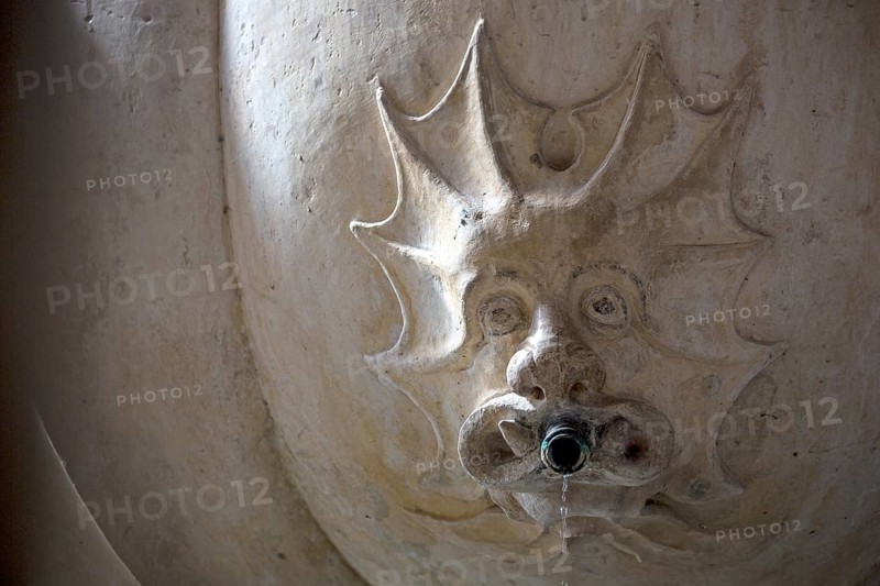 Devil's grimace on a fountain in the cloister, Monastery of Santa Maria da VitÃüria, UNESCO World Heritage Site, Monastery Church of Batalha, Mosteiro da Batalha, Batalha, Leiria District, Portugal, Europe, aerial view, birds-eyes view, Travel, Travel Photography
