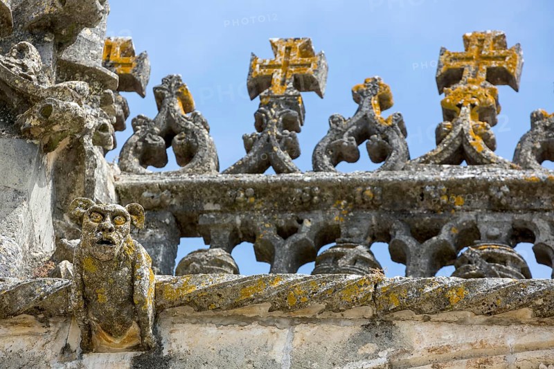 Maltese crosses on the fortress of Tomar, Castle of the Knights Templar, Templars, UNESCO cultural heritage, Tomar, Santarém district, Portugal, Europe, Convento da Ordem de Christo, Santarém district, aerial view, birds-eyes view, Travel, travel photography
