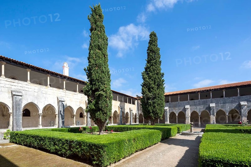 Monastery of Santa Maria da VitÃüria, UNESCO World Heritage Site, cloister with pine trees, monastery church of Batalha, Mosteiro da Batalha, Batalha, Leiria district, Portugal, Europe, aerial view, birds-eyes view, Travel, Travel Photography