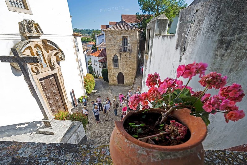 Picturesque alley in the small town of Obidos, Ãbidos, Leiria district, Portugal, Europe, Óbidos, aerial view, birds-eyes view, Travel, Travel photography