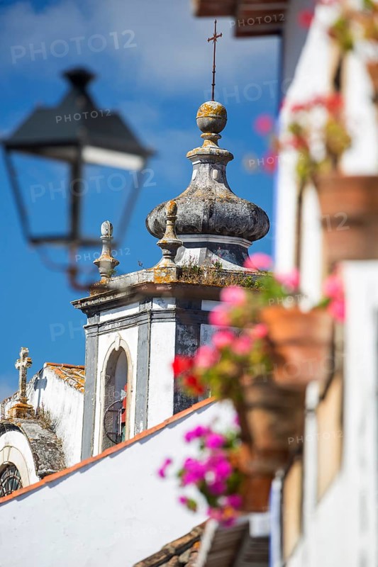 Picturesque facades with primroses and flower pots, picturesque small town Obidos, Ãbidos, district Leiria, Portugal, Europe, Óbidos, aerial view, birds-eyes view, Travel, travel photography