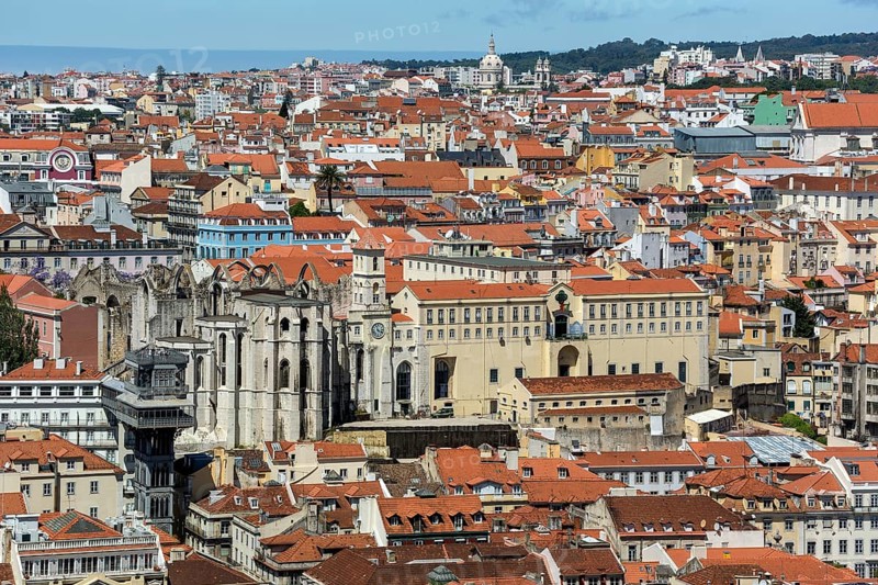 View of the most famous lift in Portugal Elevador do Município or Elevador da Biblioteca and Elevador de S. Julião, view from the castle Castelo de São Jorge to the old town of Lisbon, Lisbon, Lisbon district, Portugal, Europe, aerial view, birds-eyes view, Travel, Travel Photography