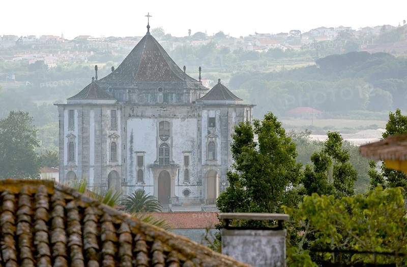 Picturesque small town of Obidos, view of the church in front of the city walls of Óbidos, Leiria district, Portugal, Europe, Óbidos, aerial view, birds-eyes view, Travel, Travel Photography