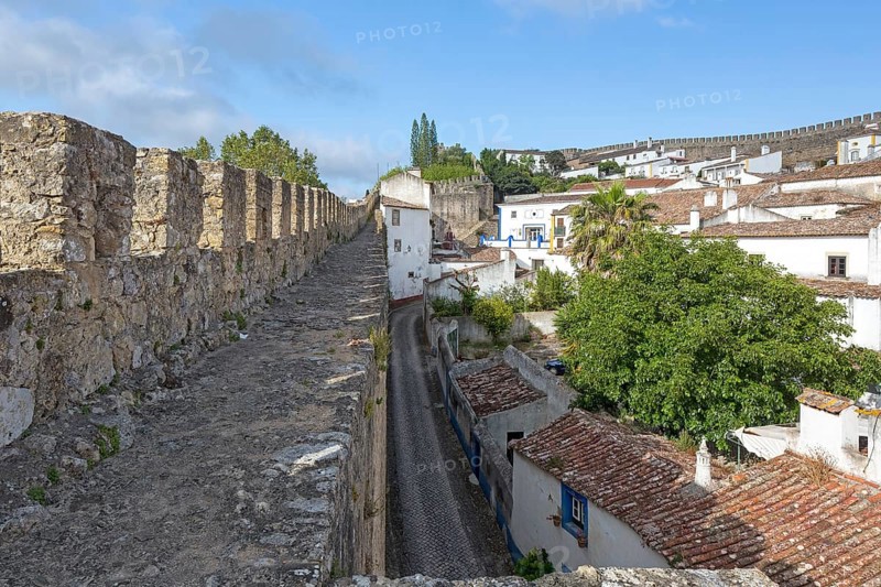 On the medieval city wall, picturesque small town Obidos, Óbidos, Leiria district, Portugal, Europe, Óbidos, aerial view, birds-eyes view, Travel, Travel photography