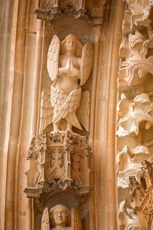 Monastery of Santa Maria da VitÃüria, UNESCO World Heritage Site, main portal with four-winged angels, monastery church of Batalha, Mosteiro da Batalha, Batalha, Leiria district, Portugal, Europe, aerial view, birds-eyes view, travel, travel photography