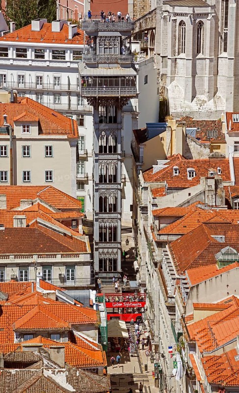 View of the most famous lift in Portugal Elevador do Município or Elevador da Biblioteca and Elevador de S. Julião, view from the castle Castelo de São Jorge to the old town of Lisbon, Lisbon, Lisbon district, Portugal, Europe, aerial view, birds-eyes view, Travel, Travel Photography