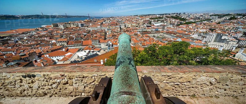 Medieval cannon, view from the castle Castelo de São Jorge to the old town of Lisbon, Lisbon, Lisbon district, Portugal, Europe, aerial view, birds-eyes view, Travel, Travel photography