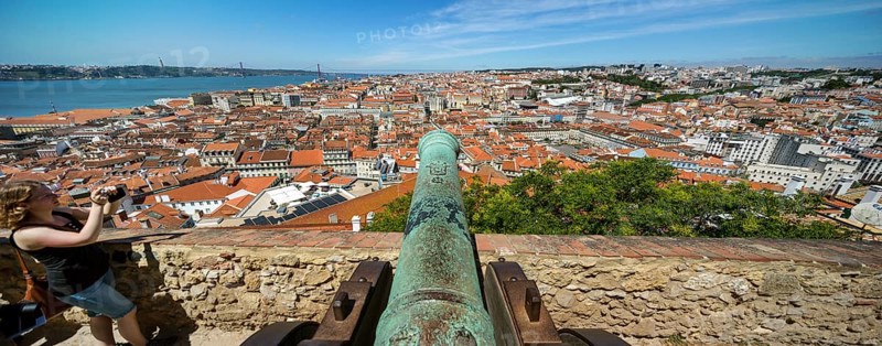 Medieval cannon, view from the castle Castelo de São Jorge to the old town of Lisbon, Lisbon, Lisbon district, Portugal, Europe, aerial view, birds-eyes view, Travel, Travel photography