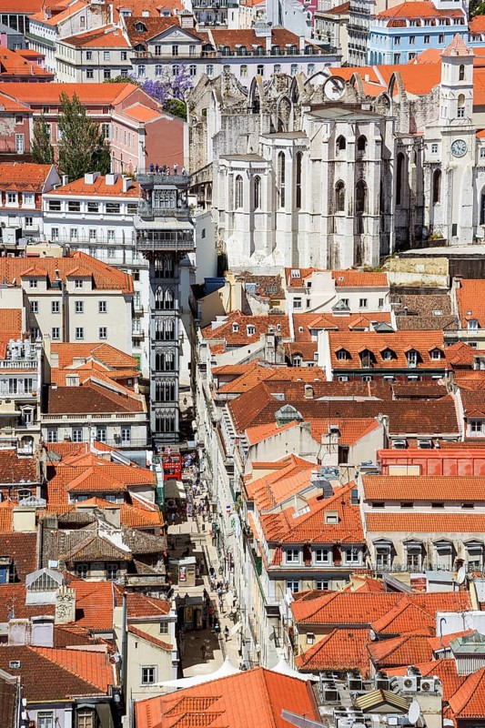 View of the most famous lift in Portugal Elevador do Município or Elevador da Biblioteca and Elevador de S. Julião, view from the castle Castelo de São Jorge to the old town of Lisbon, Lisbon, Lisbon district, Portugal, Europe, aerial view, birds-eyes view, Travel, Travel Photography