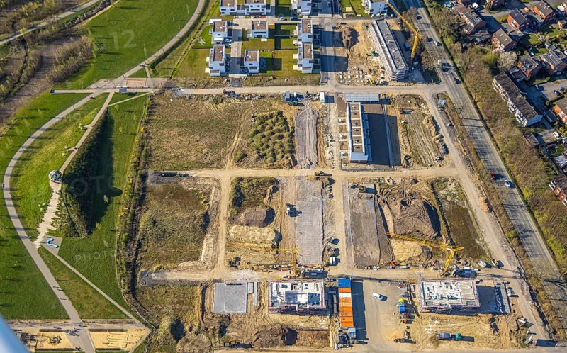 Aerial view, Living at Auenpark, Building area with new housing estate, Selm, Münsterland, North Rhine-Westphalia, Germany, Construction work, Building area, Building site, Building plots, Building project, Building site, DE, Europe, Aerial view, Aerial photography, Aerial photography, Overview, Bird's-eye view, overview