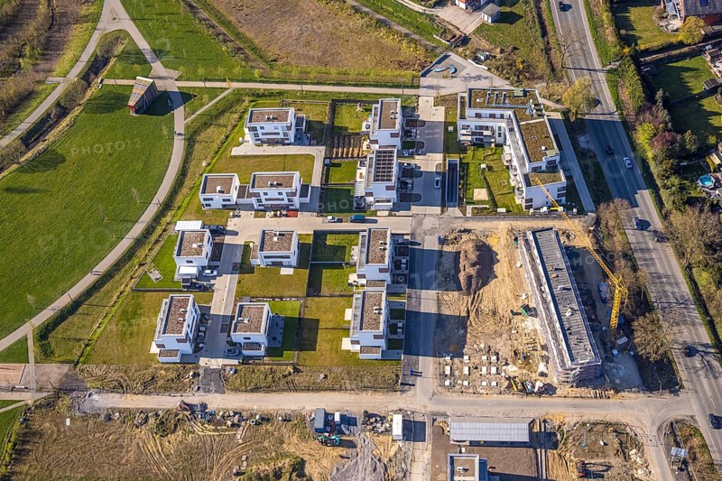 Aerial view, Living at Auenpark, Building area with new housing estate, Selm, Münsterland, North Rhine-Westphalia, Germany, Construction work, Building area, Building site, Building plots, Building project, Building site, DE, Europe, Aerial view, Aerial photography, Aerial photography, Overview, Bird's-eye view, overview
