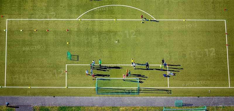 Aerial view, penalty area training match at Sparkassen Arena football stadium, Selm, Münsterland, North Rhine-Westphalia, Germany, DE, Europe, football pitch, football stadium, aerial view, aerial photography, aerial photography, sports, sports facilities, sports field, sports venue, stadium, overview, bird's-eye view, overview