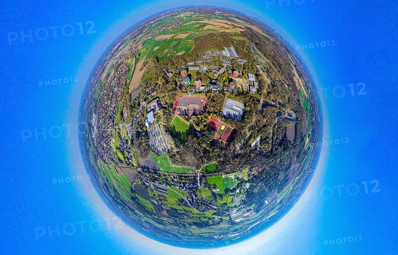 Aerial photo, residential area, local view of Bork district, Westring sports facility, high-rise residential area Im Sundern, globe, fisheye image, 360 degree image, tiny world, little planet, fisheye image, Bork, Selm, Ruhr area, North Rhine-Westphalia, Germany, DE, Europe, fisheye lens, fisheye lens, property tax, real estate, aerial photography, aerial photography, aerial photography, Münsterland, super wide-angle lens, overview, bird's-eye view, housing estate, housing and living, residential area, quality of living, residential neighbourhood, housing estate, residential area, birds-eyes view, fisheye lens, insta360 camera, overview