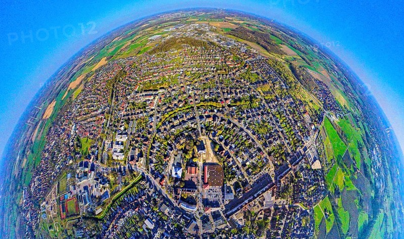 Aerial view, residential area, view of Selm, centre of Selm, earth globe, fisheye shot, 360 degree shot, tiny world, little planet, fisheye image, bycatch, Selm, Ruhr area, North Rhine-Westphalia, Germany, DE, Europe, fisheye lens, fisheye lens, property tax, real estate, aerial photography, aerial photography, aerial photography, Münsterland, super wide-angle lens, overview, bird's-eye view, housing estate, housing and living, residential area, quality of living, residential neighbourhood, housing estate, residential area, birds-eyes view, fisheye lens, insta360 camera, overview