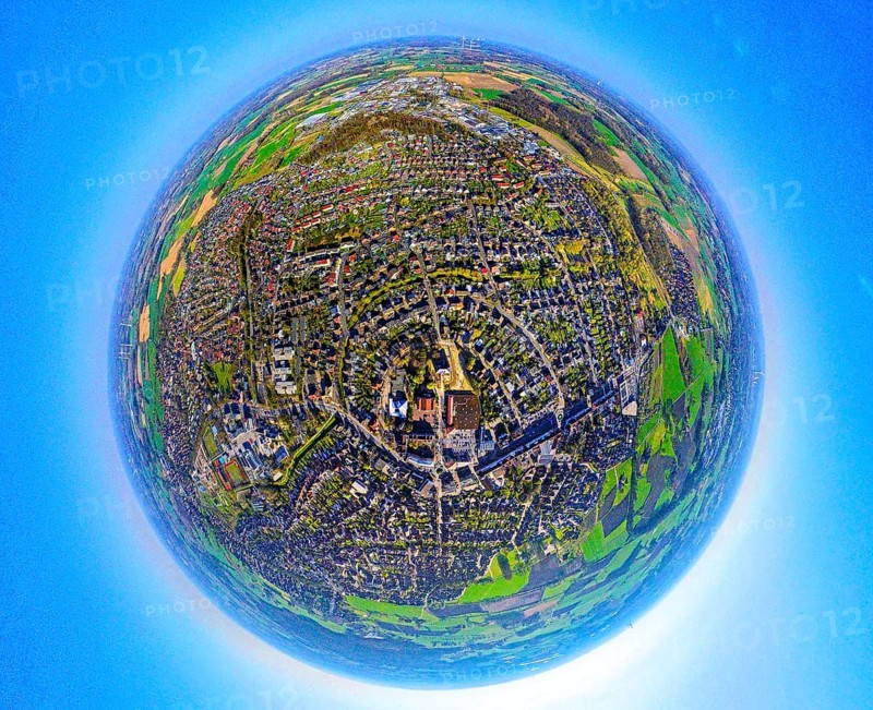 Aerial view, residential area, view of Selm, centre of Selm, earth globe, fisheye shot, 360 degree shot, tiny world, little planet, fisheye image, bycatch, Selm, Ruhr area, North Rhine-Westphalia, Germany, DE, Europe, fisheye lens, fisheye lens, property tax, real estate, aerial photography, aerial photography, aerial photography, Münsterland, super wide-angle lens, overview, bird's-eye view, housing estate, housing and living, residential area, quality of living, residential neighbourhood, housing estate, residential area, birds-eyes view, fisheye lens, insta360 camera, overview