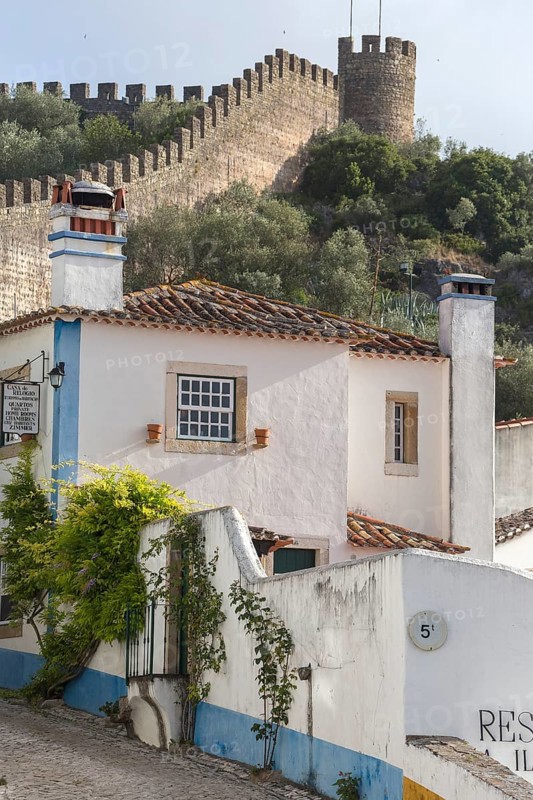Alley with city wall, picturesque small town Obidos, Ãbidos, district Leiria, Portugal, Europe, Óbidos, aerial view, birds-eyes view, Travel, travel photography